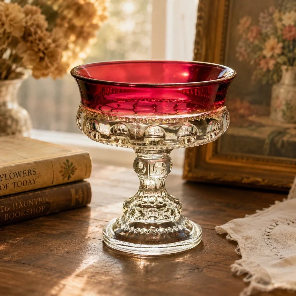 Vintage Indiana Glass Kings Crown Thumbprint Ruby Flash Compote Pedestal Bowl